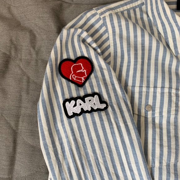 Karl Lagerfeld Women Blue White Strip Button Shirt Size S - Picture 2 of 5